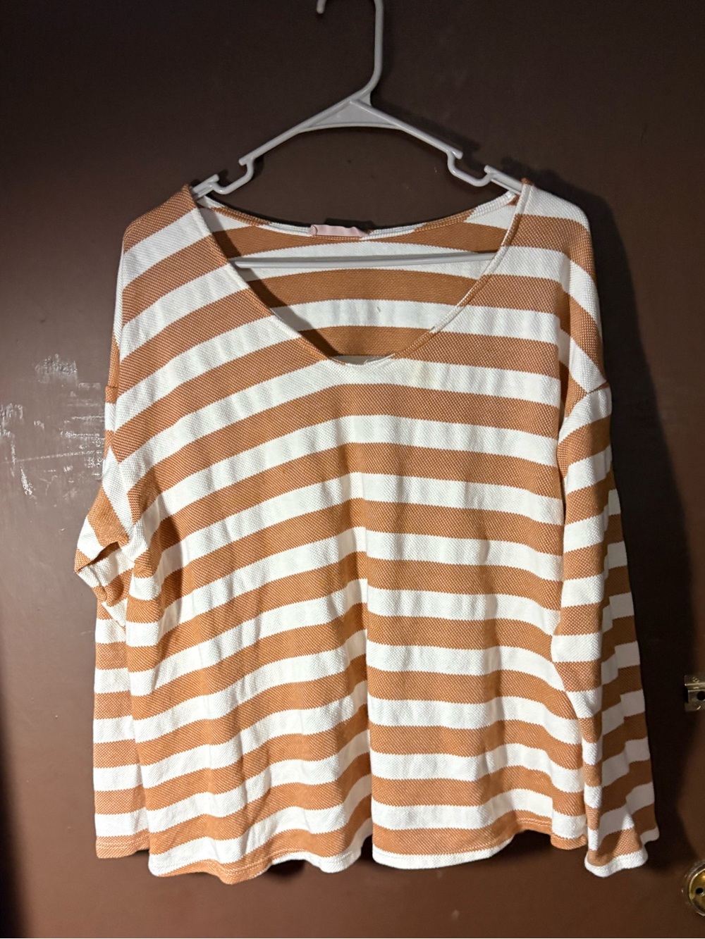 White Birch Striped V-Neck Pullover in Tan and White